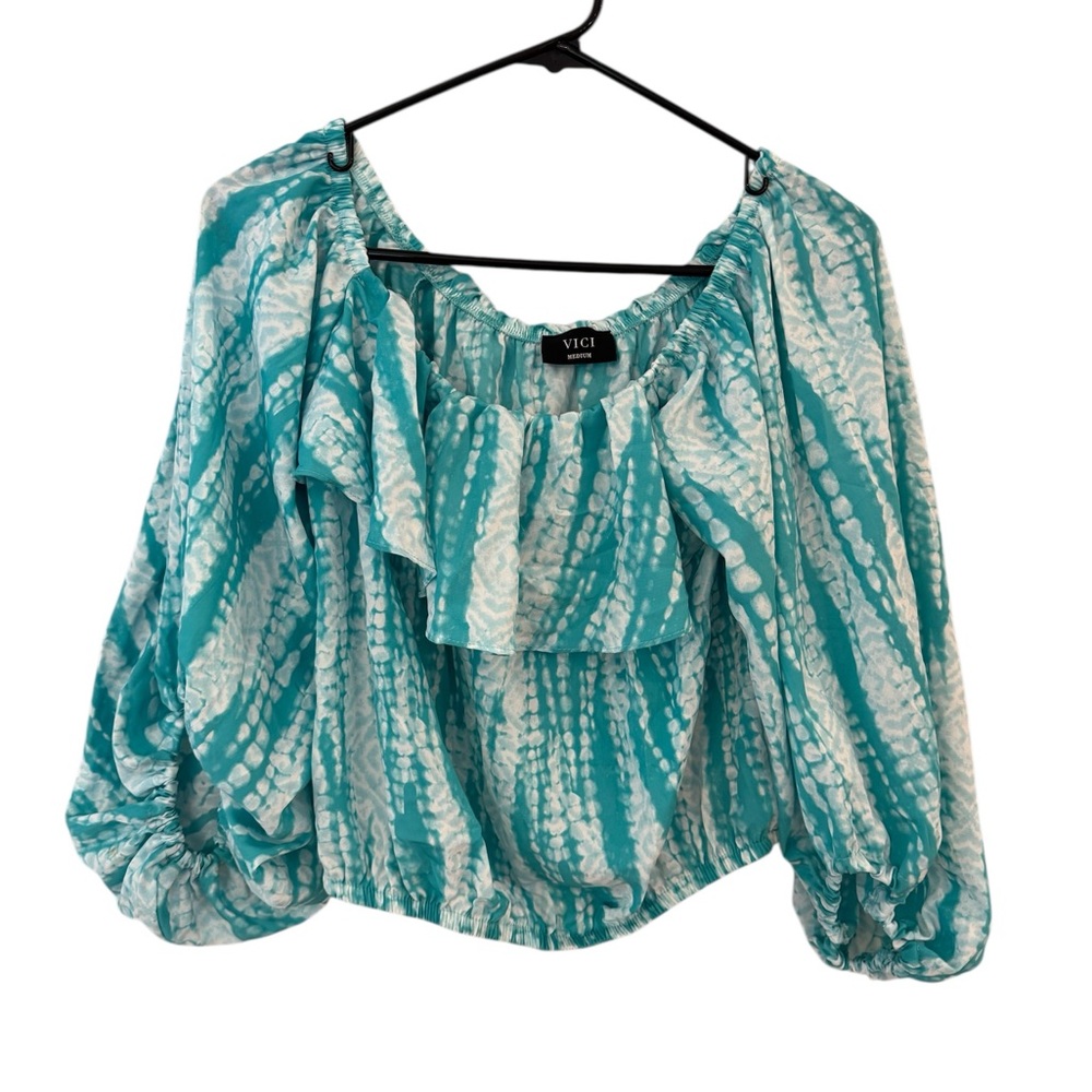Vici Blue Puff Sleeve Ruffled Blouse